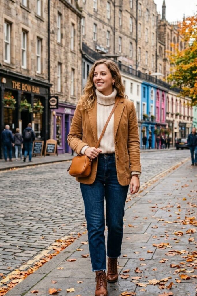 6. Corduroy Jacket With Turtleneck And Jeans