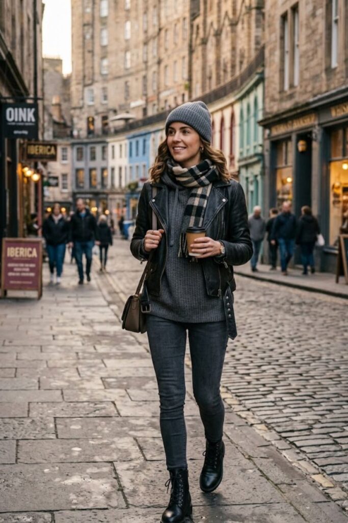 6. Knit Hoodie With Leather Jacket And Skinny Jeans