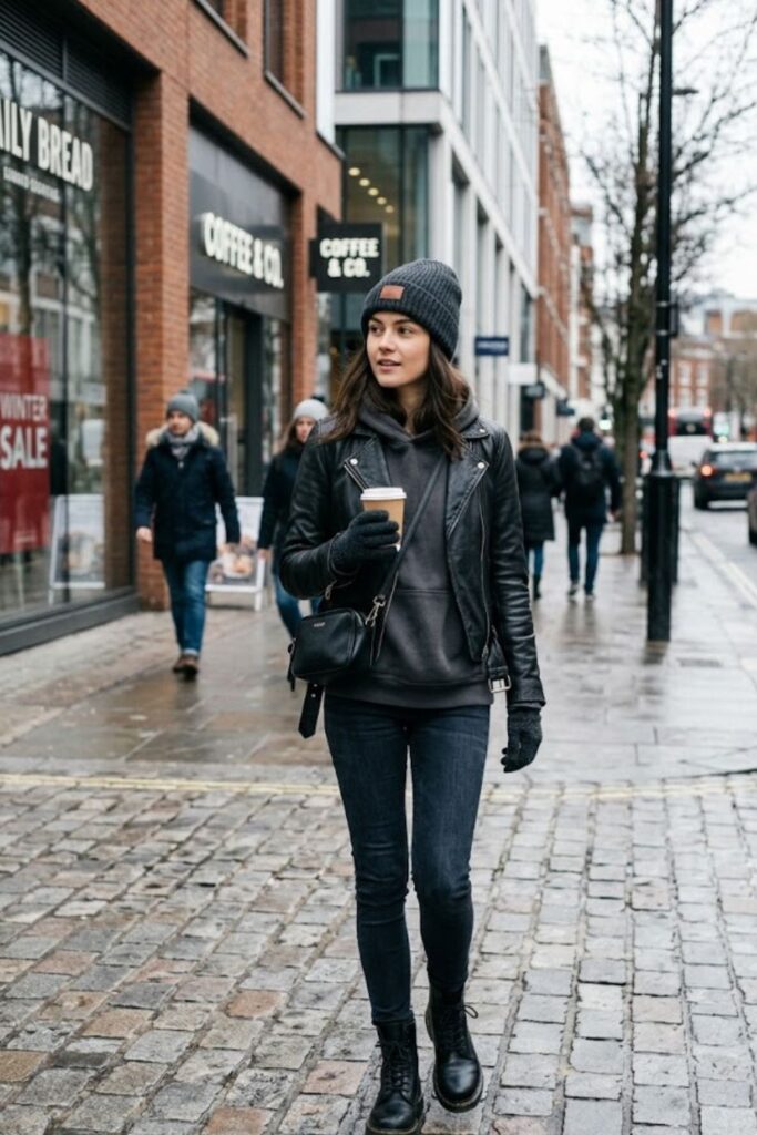 6. Leather Jacket With Hoodie And Jeans