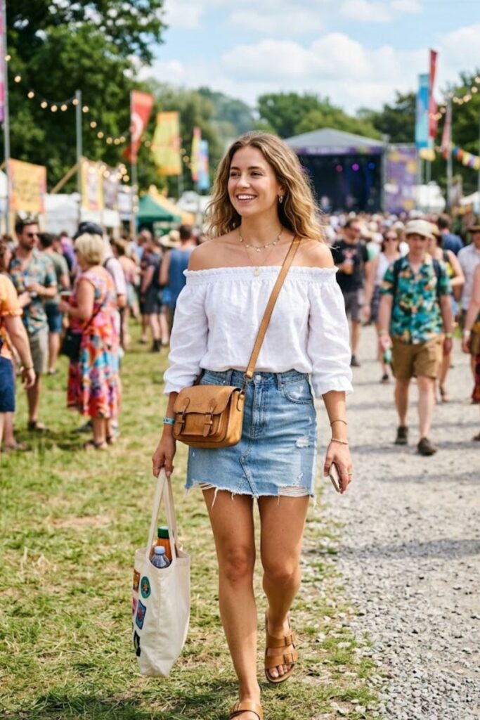 6. Off-Shoulder Top With Denim Skirt