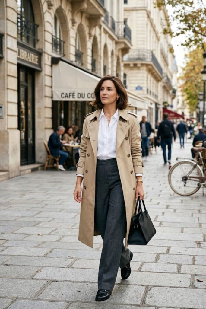 6. Trench Coat With Shirt And Wide-Leg Pants