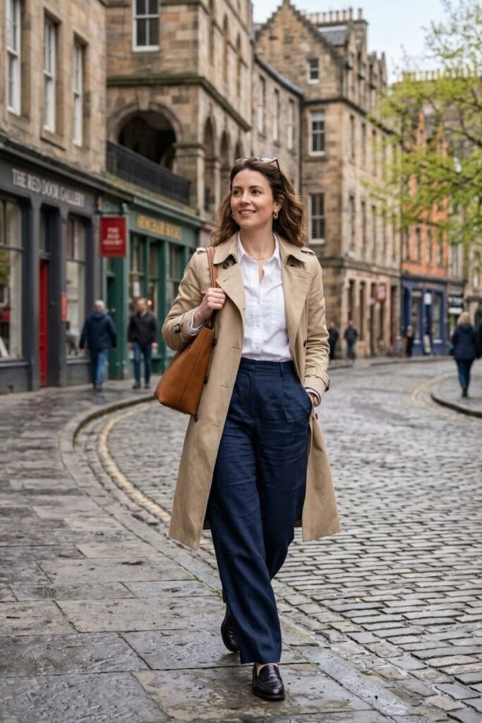 6. Trench Coat With Shirt And Wide-Leg Pants