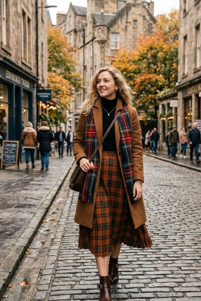 7. Plaid Scarf With Wool Coat And Skirt