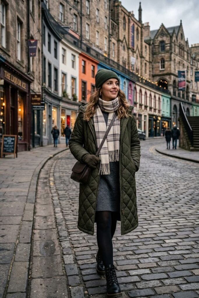 7. Quilted Coat With Sweater Dress And Ankle Boots