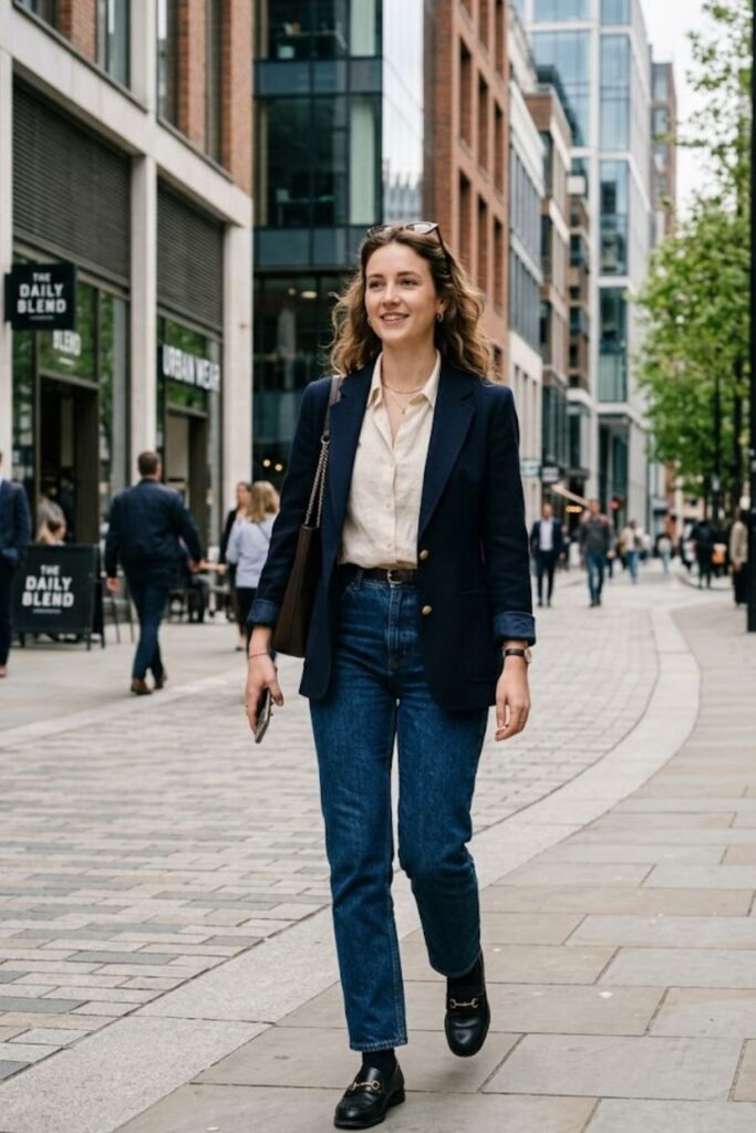 8. Blouse With High-Waisted Jeans And Blazer