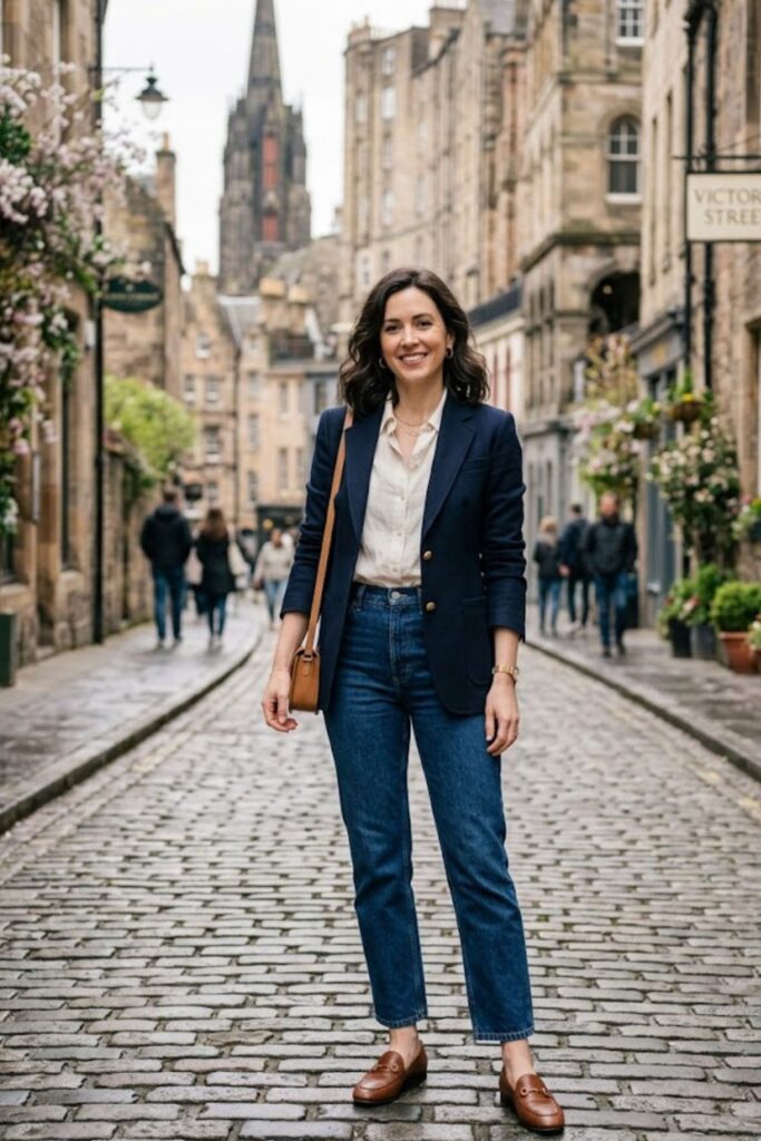 8. Blouse With High-Waisted Jeans And Blazer