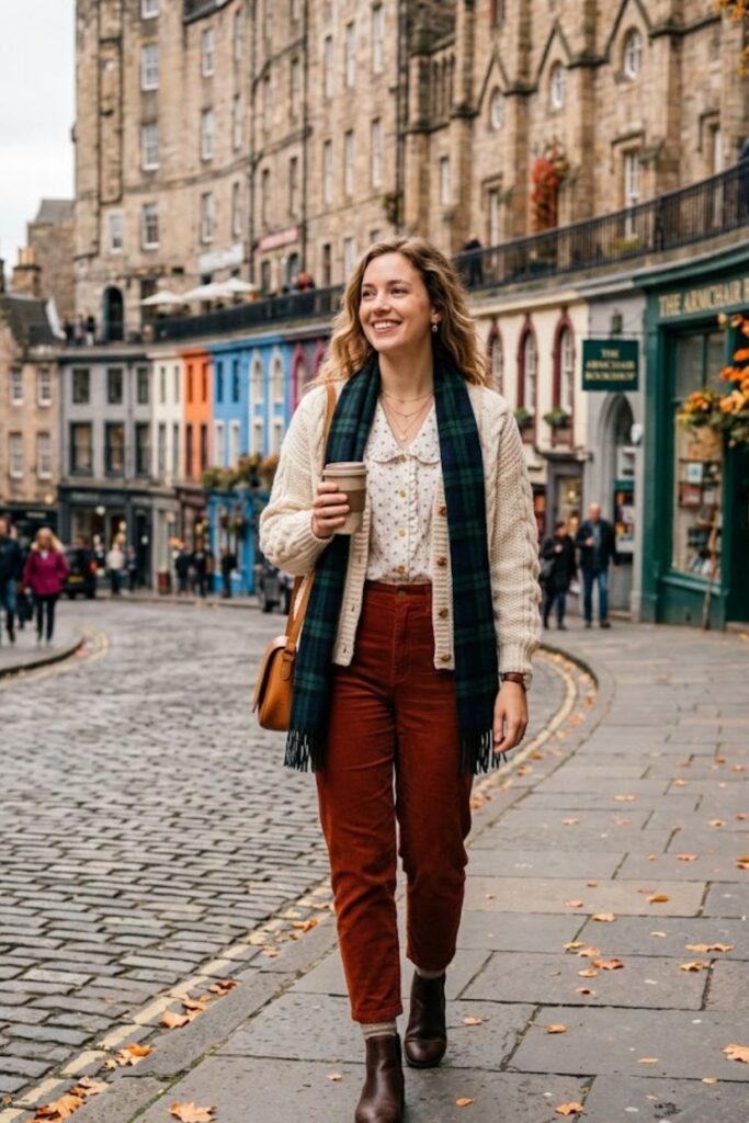 8. Knit Cardigan With Blouse And Corduroy Pants