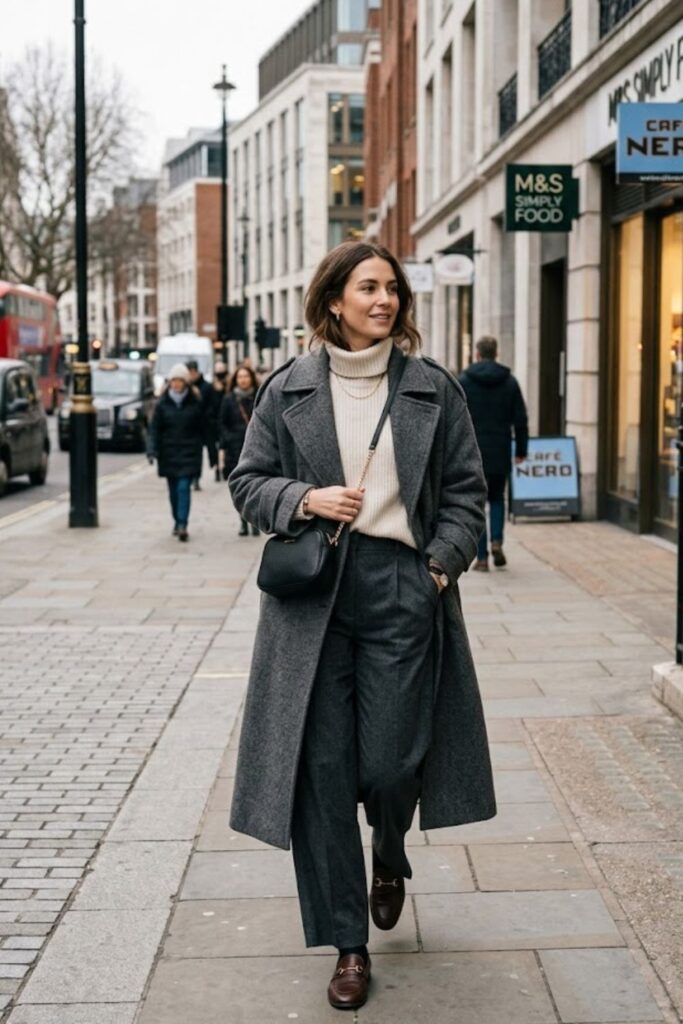 8. Oversized Coat With Knit Top And Wide-Leg Trousers