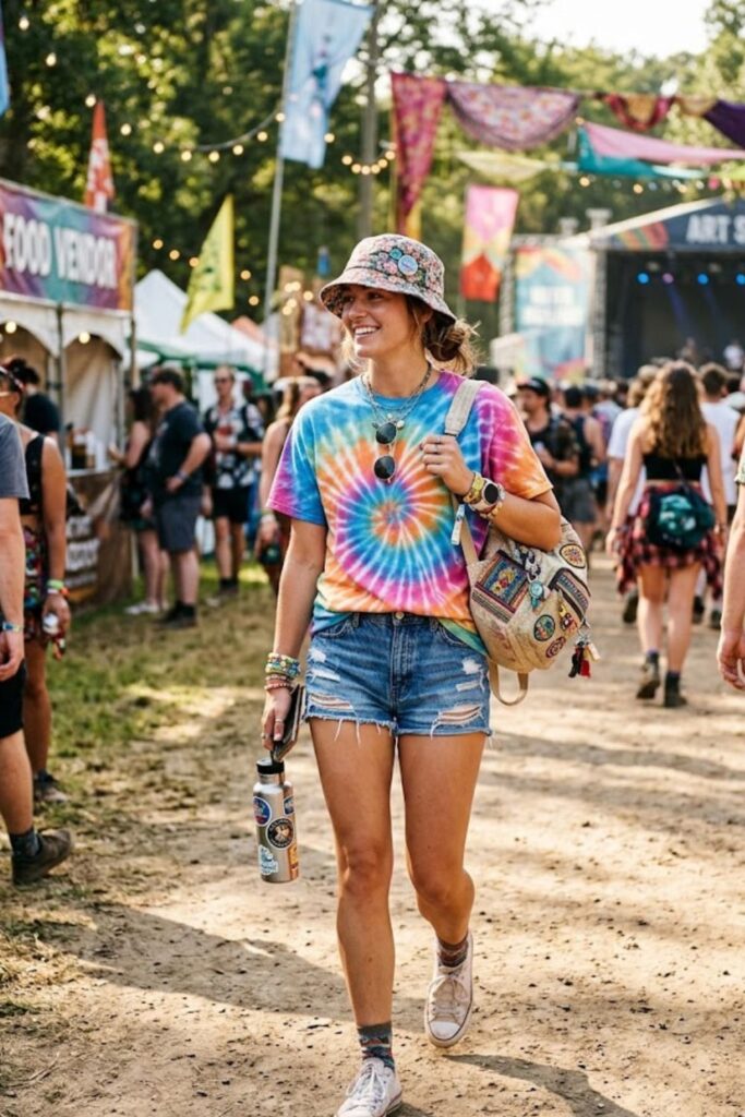 8. Tie-Dye T-Shirt With Denim Cutoffs