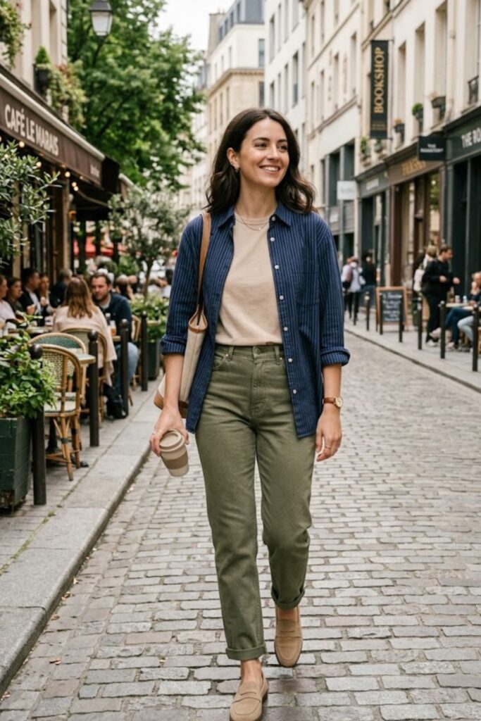 9. Layered Tee With Button‑Down Shirt And Straight Pants