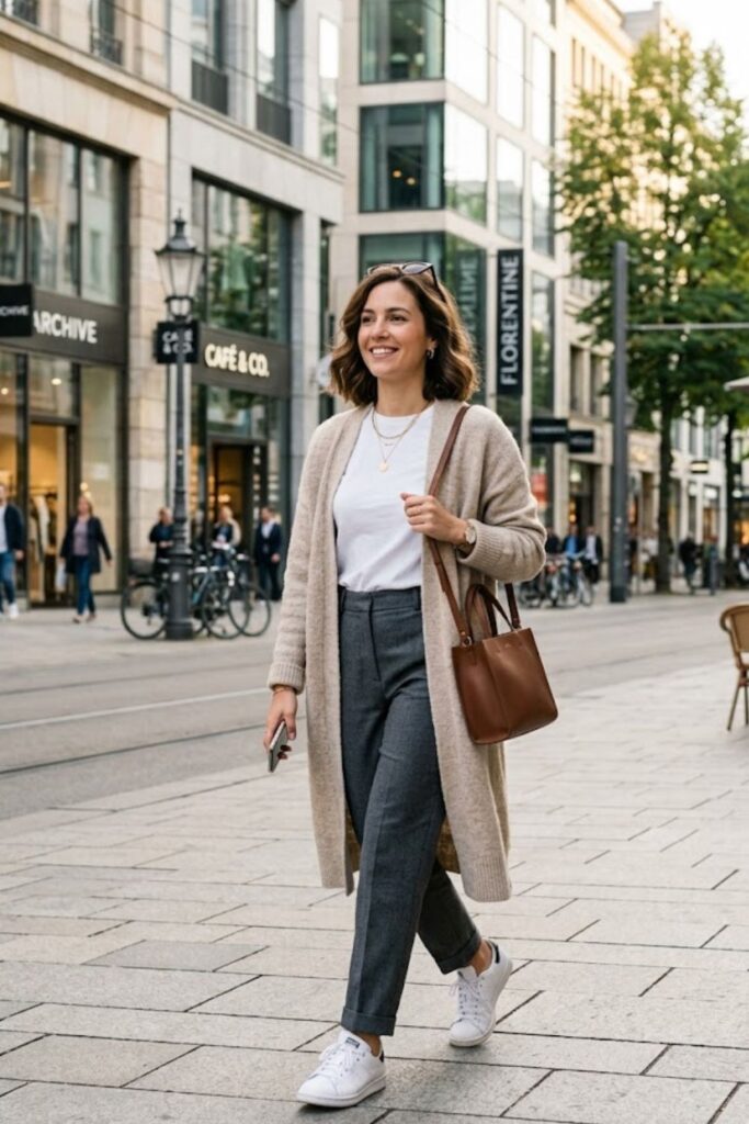 9. Long Cardigan With Tee And Trousers