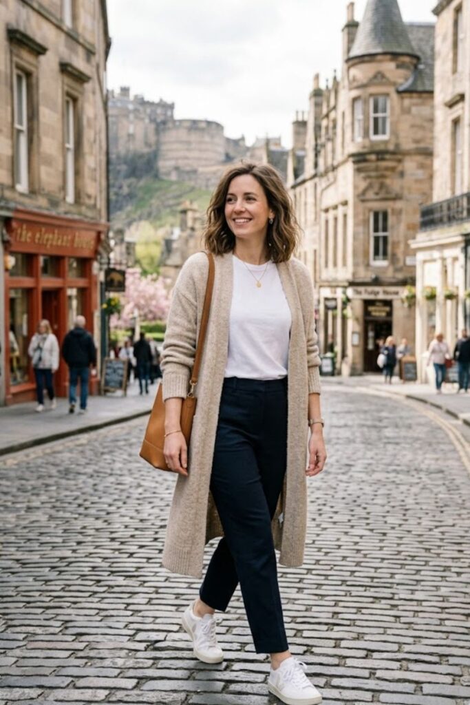 9. Long Cardigan With Tee And Trousers