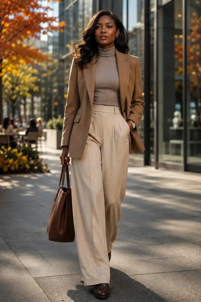 1. Blazer with Turtleneck and Wide-Leg Trousers