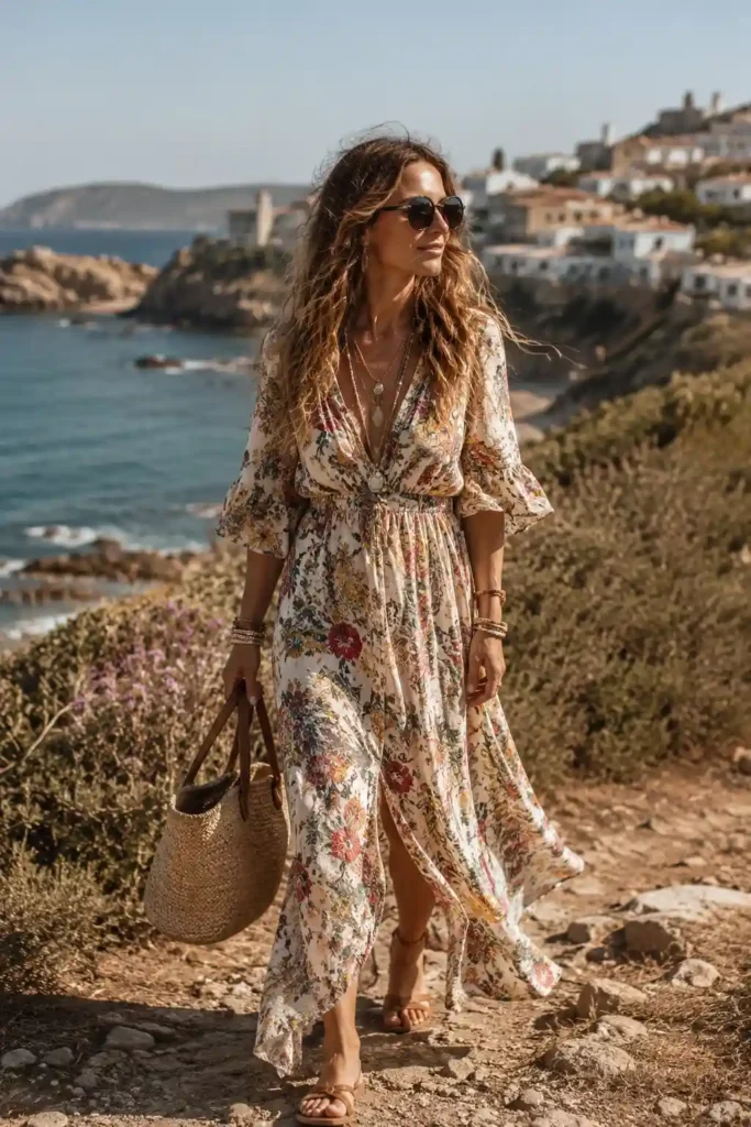 1. Floral Maxi Dress with Flat Sandals