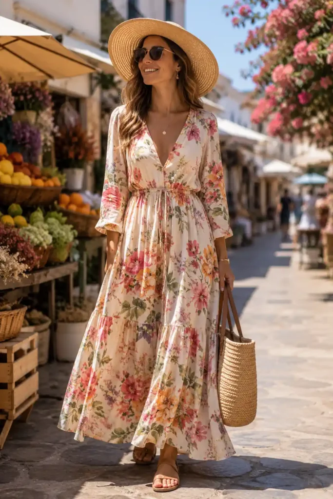 1. Floral Maxi Dress with Flat Sandals