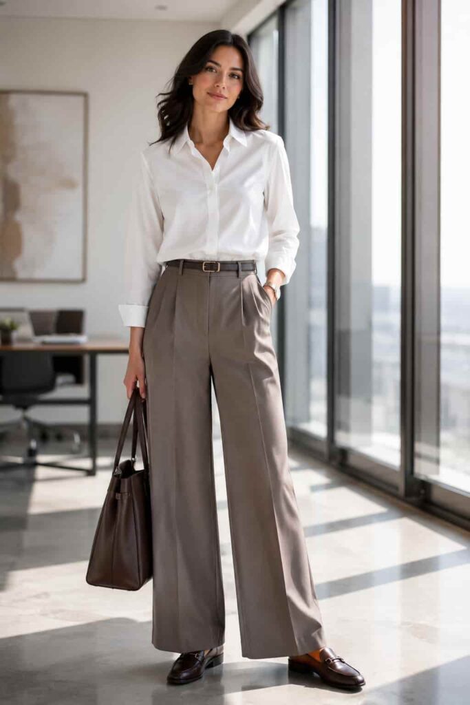10. Button-Down Shirt with Wide-Leg Trousers