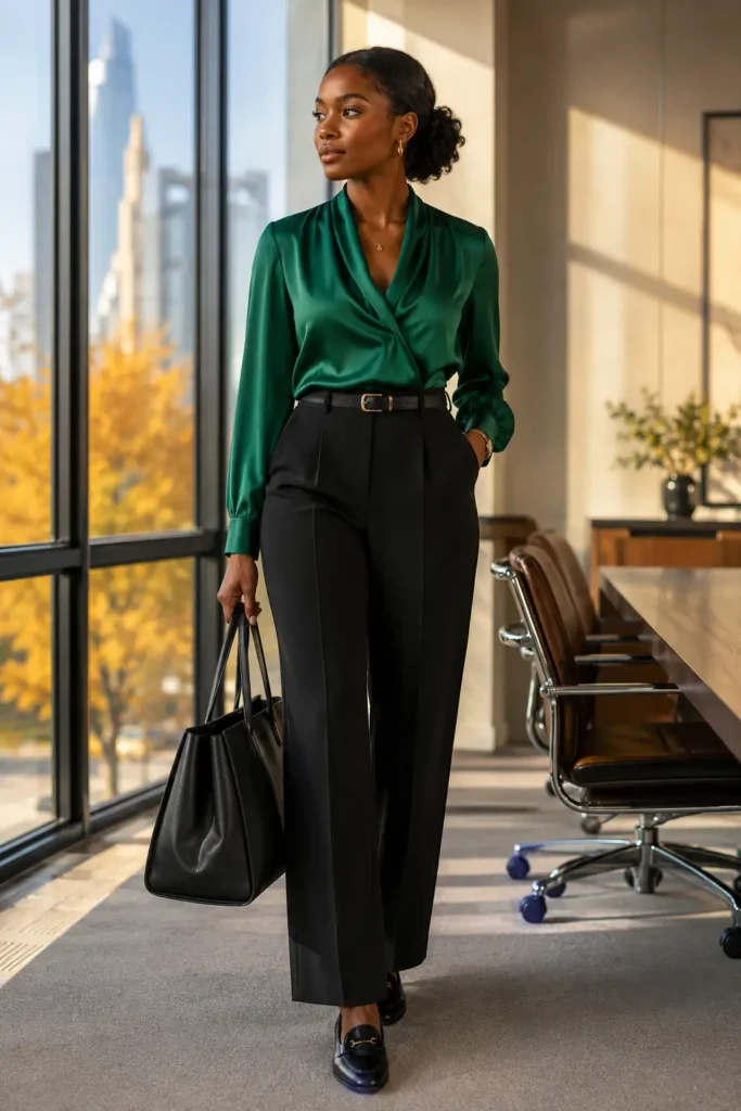 12. Emerald Blouse with Black Trousers