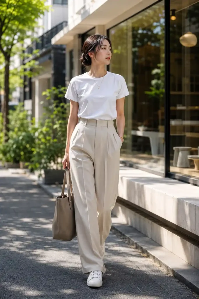12. White Tee with Pleated Wide-Leg Pants