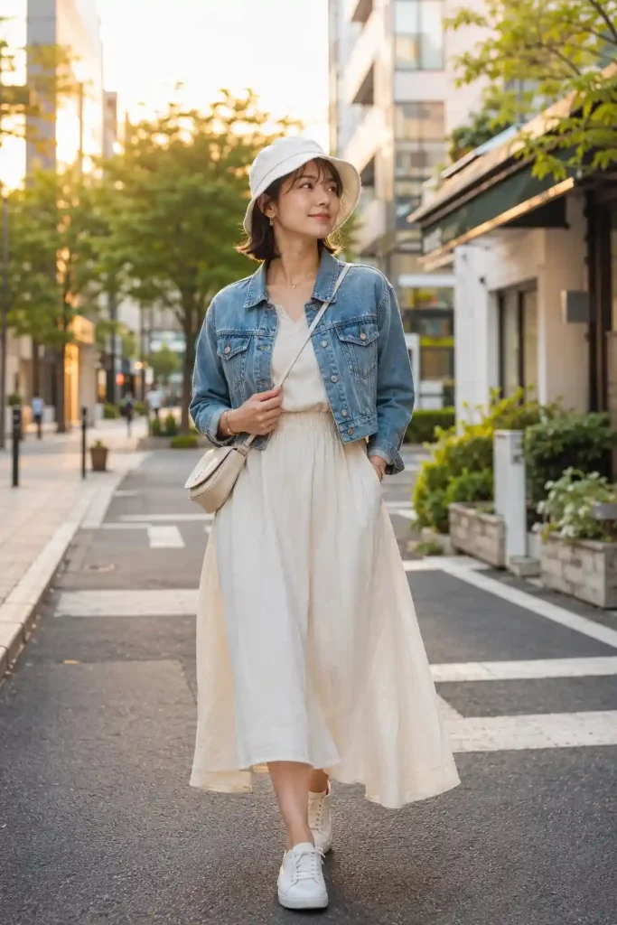 13. Cropped Denim Jacket with Midi Dress