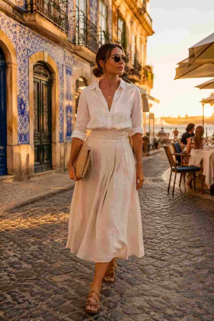 13. Midi Skirt with a Button-Up Shirt