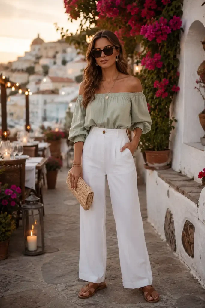 13. Off-the-Shoulder Top with White Pants