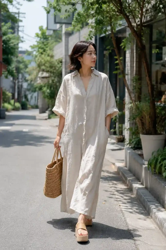 14. Oversized Shirt Dress with Sandals