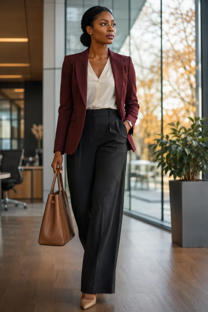 15. Burgundy Blazer with Tailored Pants