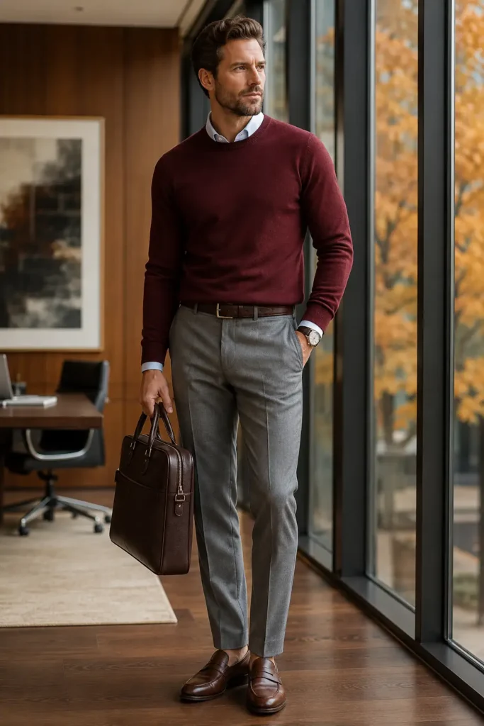 15. Burgundy Sweater with Gray Trousers