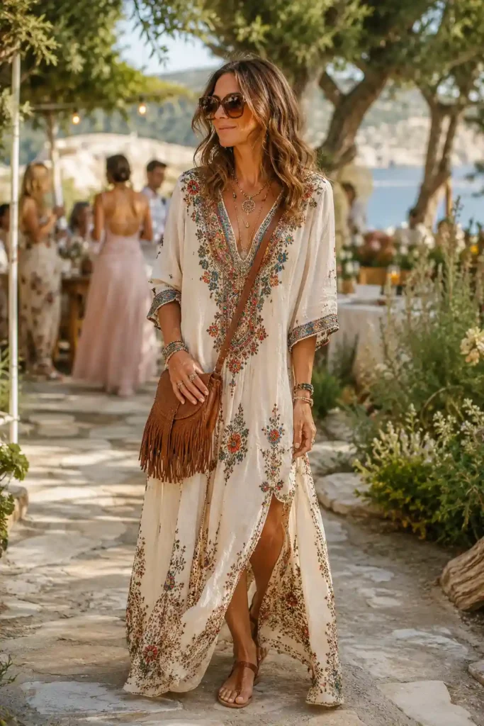 15. Embroidered Maxi Dress with a Fringe Bag