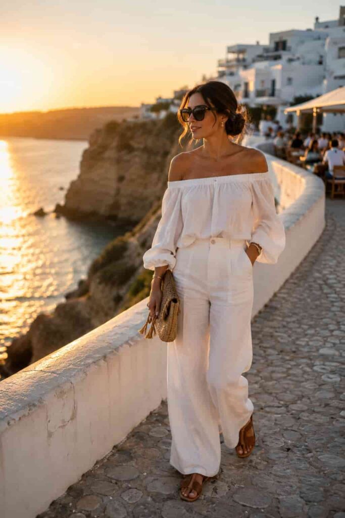 15. Off-the-Shoulder Top with White Linen Pants