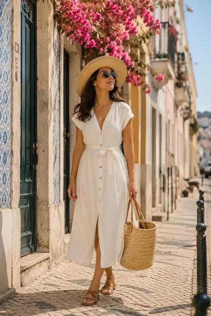 2. Flowy Midi Dress with Flat Sandals