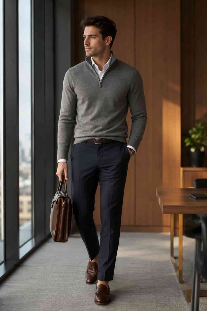 2. Quarter-Zip Sweater with Dress Pants