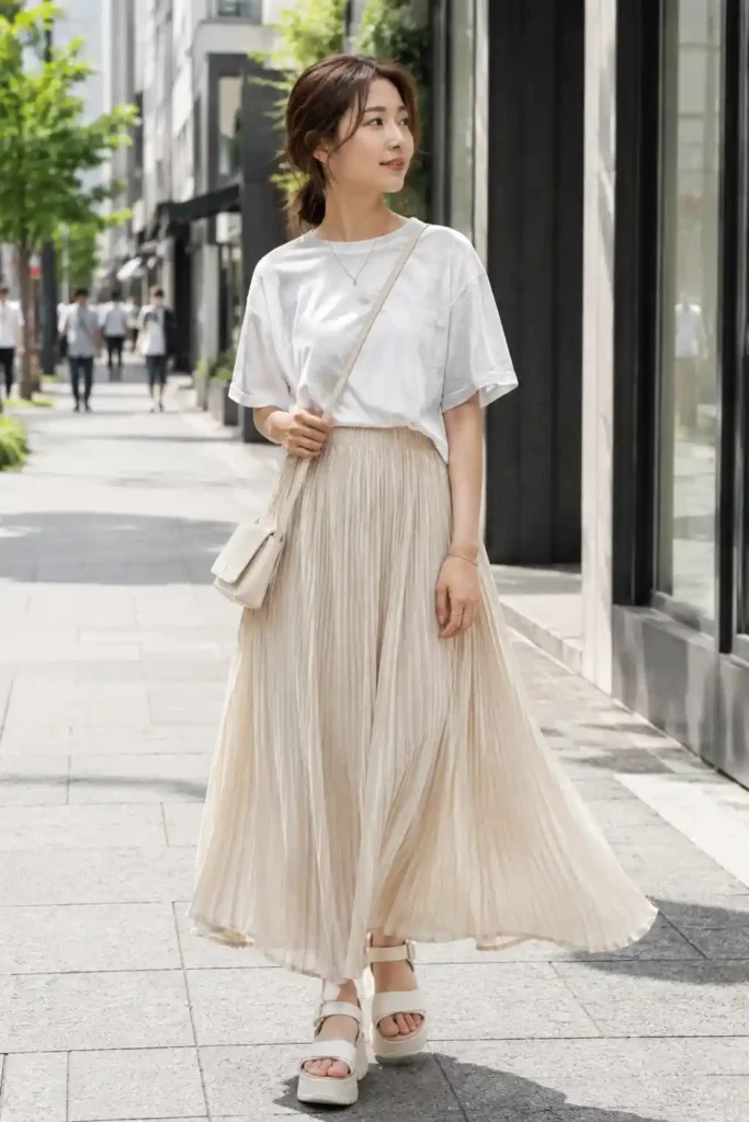2. White Oversized Tee with Pleated Midi Skirt