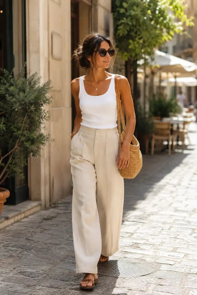 2. White Tank Top with Linen Pants