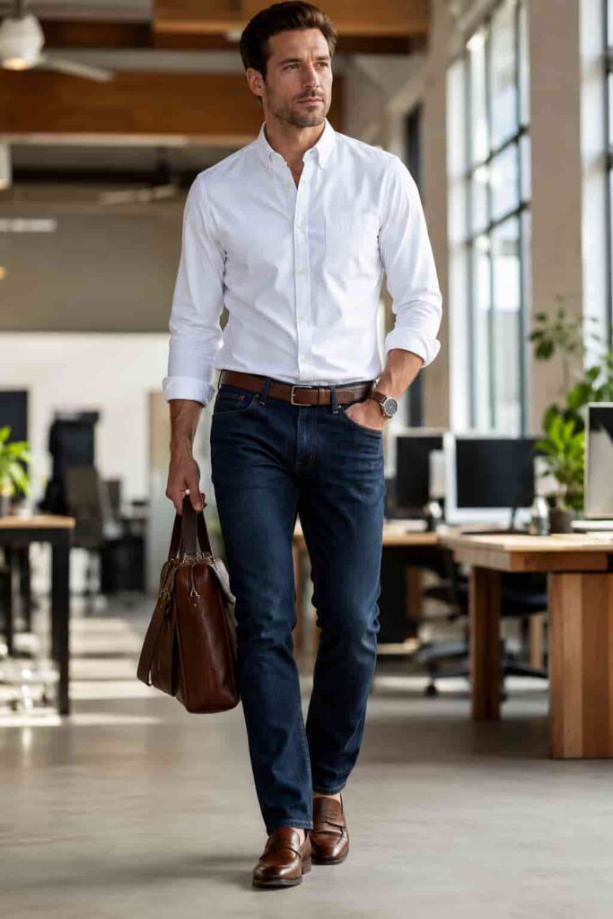 3. Oxford Shirt with Dark-Wash Jeans