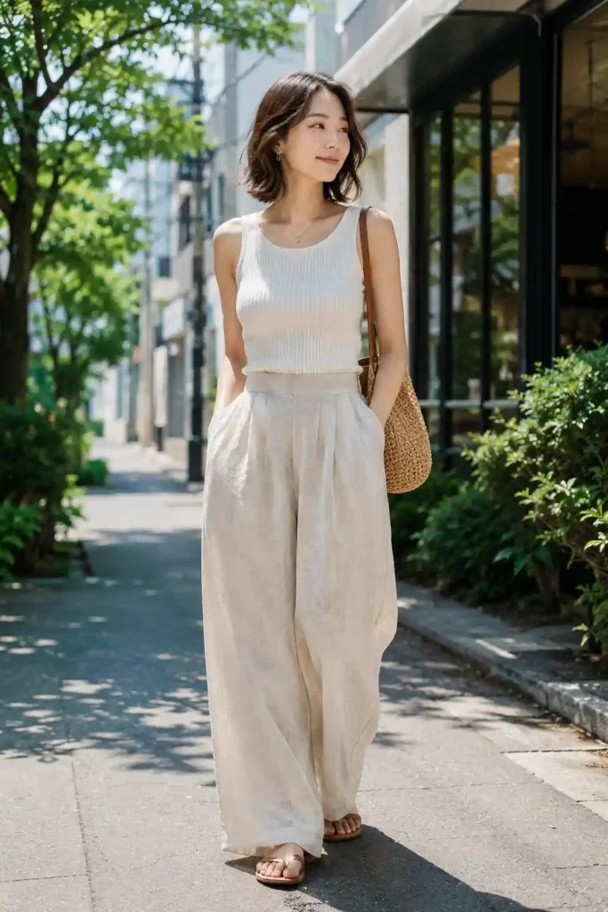 3. Ribbed Tank Top with Linen Trousers