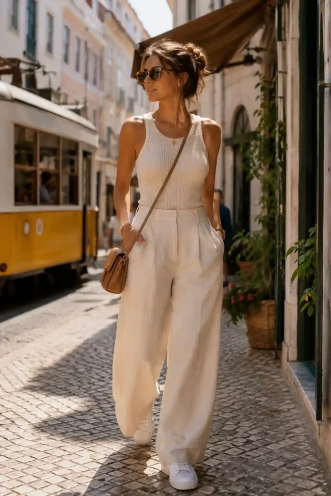 3. Ribbed Tank Top with Wide-Leg Linen Pants