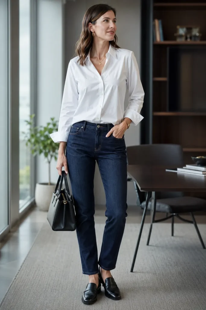 3. White Button-Down with Dark-Wash Jeans