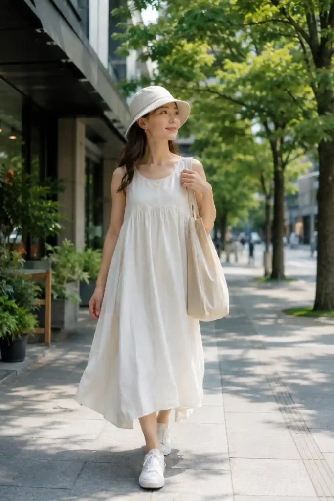 4. Flowy Midi Dress with White Sneakers