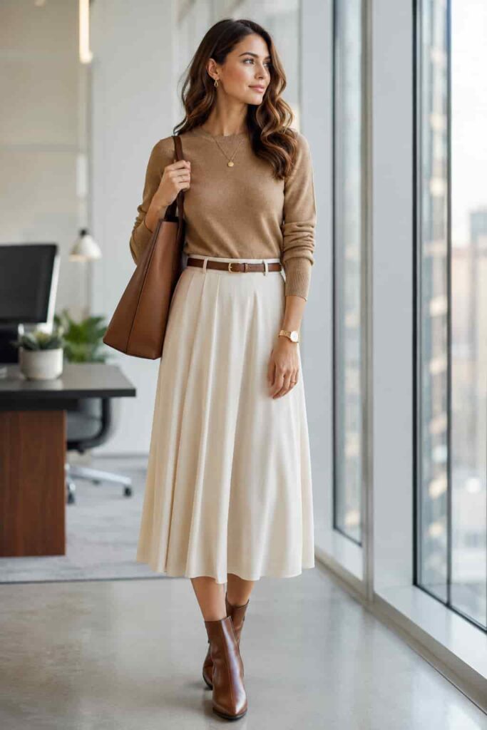 4. Midi Skirt with a Lightweight Sweater