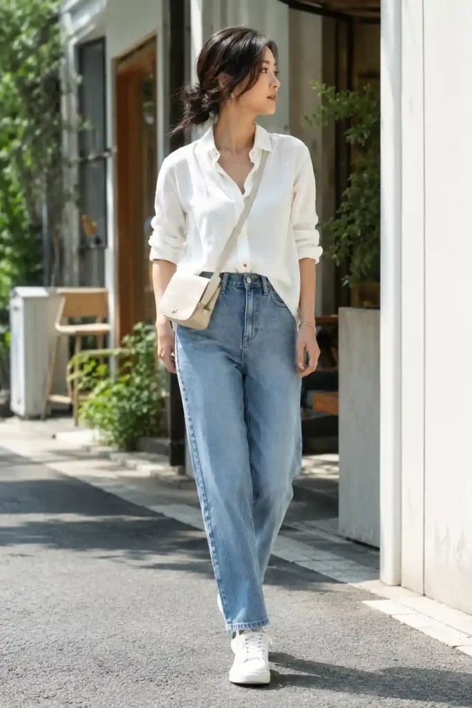 5. Button-Up Shirt with Straight-Leg Jeans