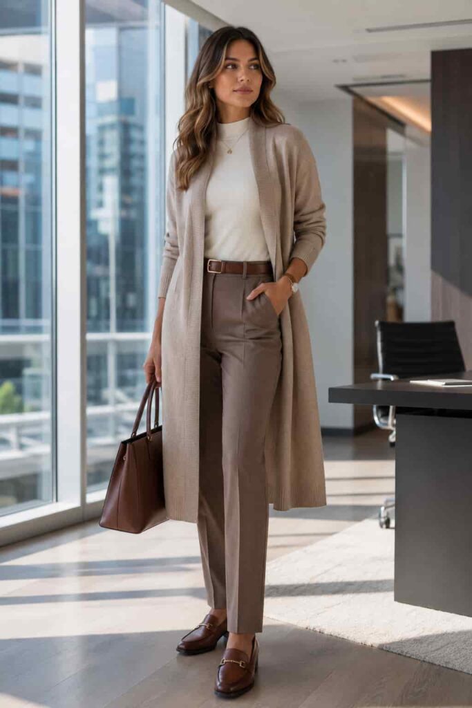 5. Long Cardigan with Straight-Leg Pants