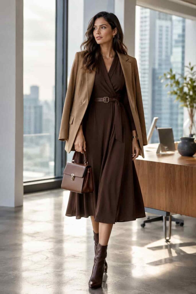 6. Belted Midi Dress with Ankle Boots