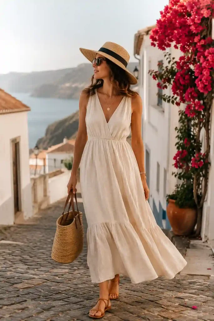 6. Sleeveless Maxi Dress with Straw Hat