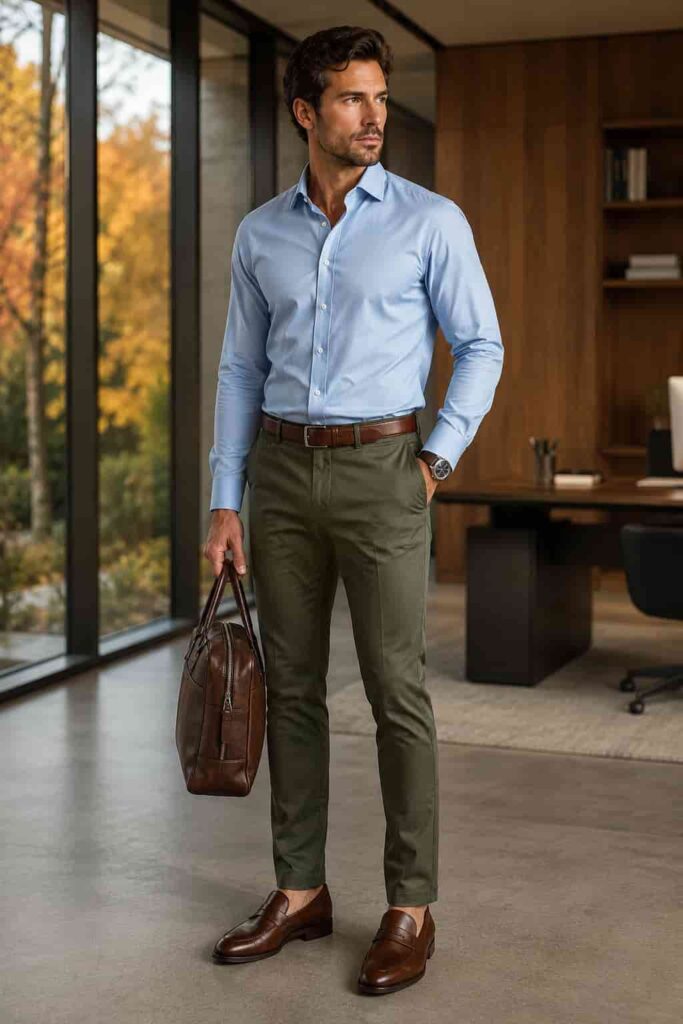 7. Button-Down Shirt with Olive Chinos