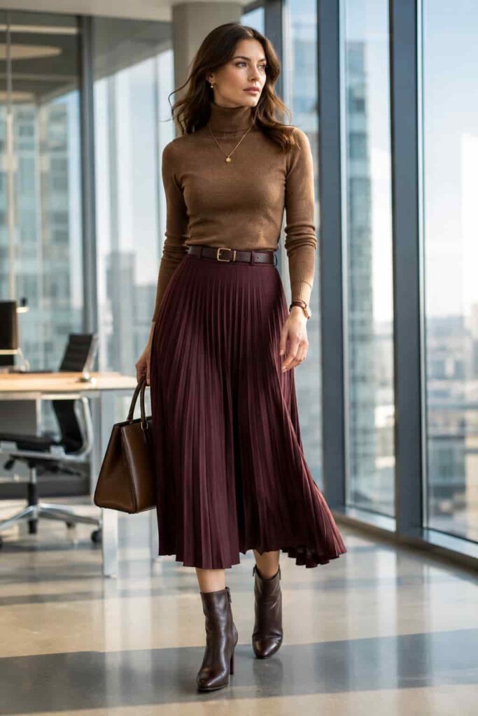 7. Turtleneck with a Pleated Midi Skirt