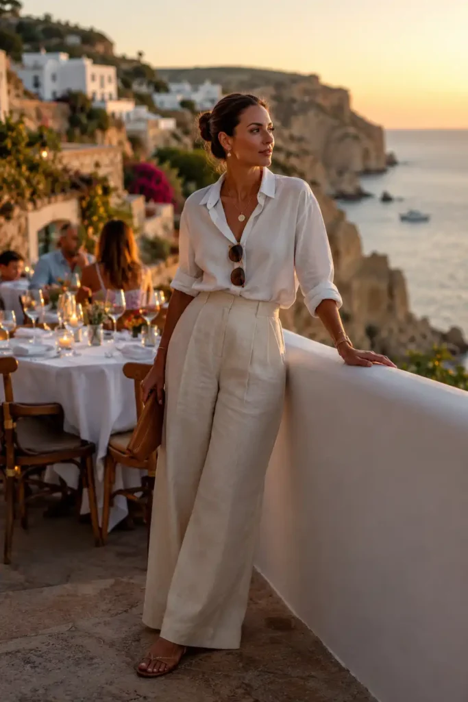 9. Button-Down Shirt with Wide-Leg Trousers
