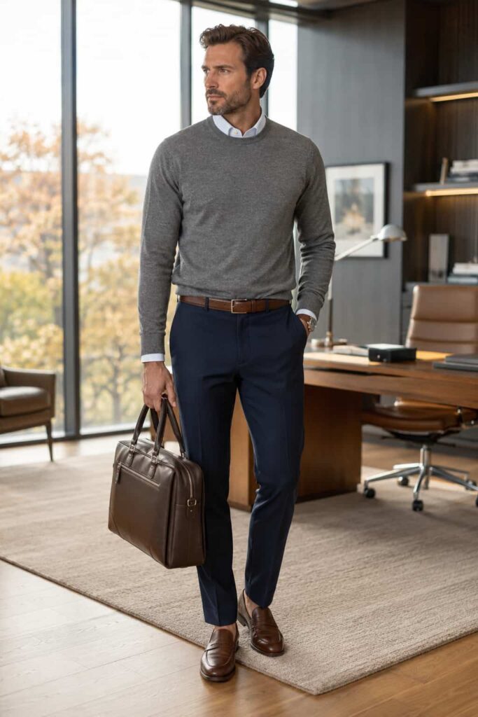 9. Gray Sweater with Navy Trousers