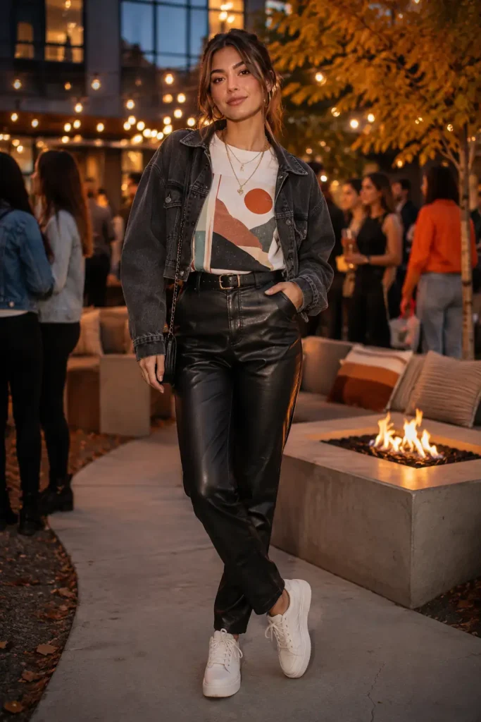 12. Graphic Tee with Faux Leather Pants
