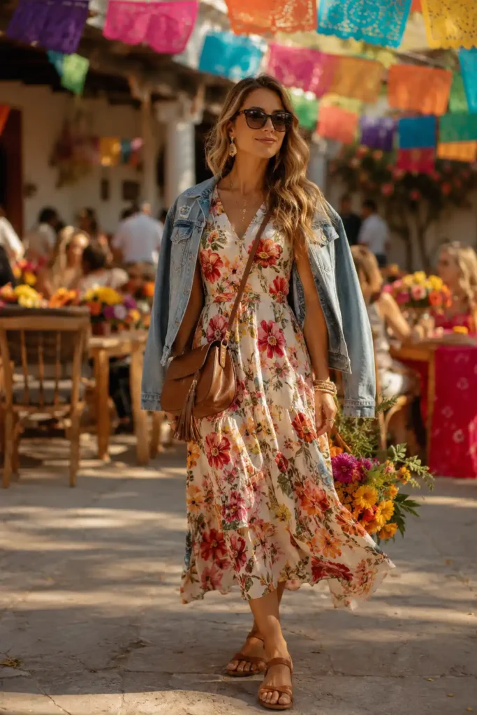 2. Floral Midi Dress and Sandals